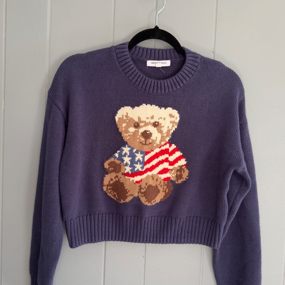 Cropped Teddy Bear Flag Sweater Grayson Threads Cute Knit Americana Style Value - Picture 2 of 7